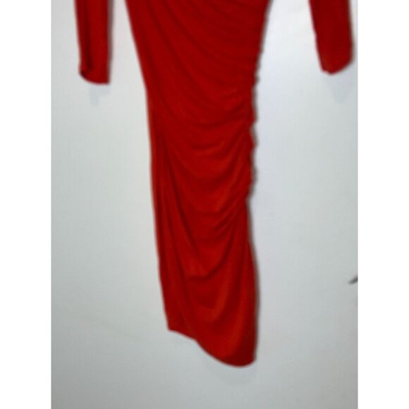 Helmut Lang | Asymmetric Nova Ruched Jersey Fitted Midi Dress Coral Red Size XS - Picture 5 of 10
